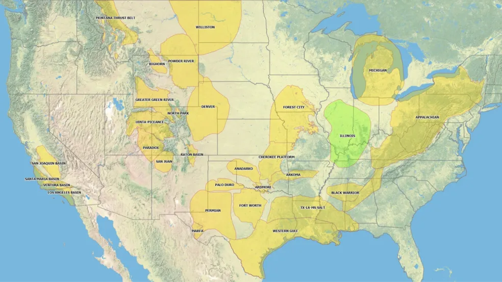 Map of U.S. oil basins highlighting the Illinois Basin